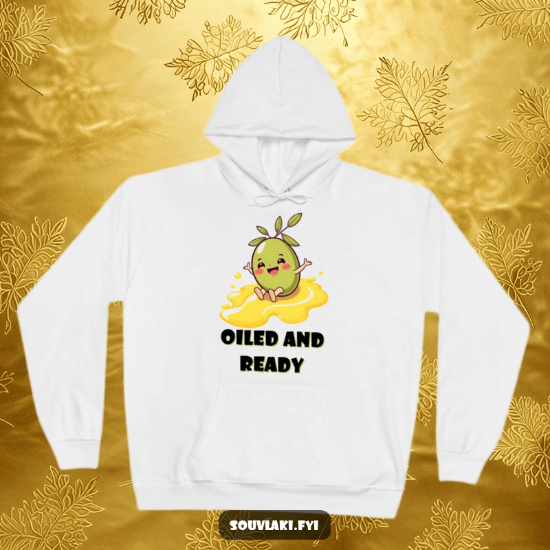 Funny Olive Hoodie: A cheerful olive character glides down an olive oil stream, offering cozy comfort and a humorous touch.