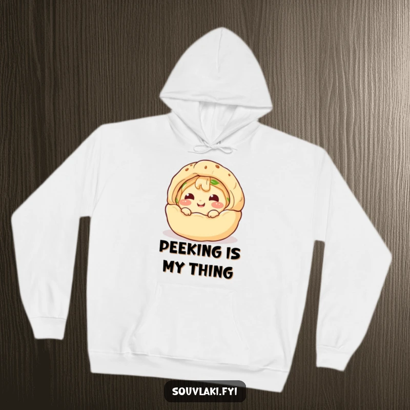Funny Hoodie: A giggling spanakopita character comically peeks from a puff pastry shell, offering cozy humor and warmth.