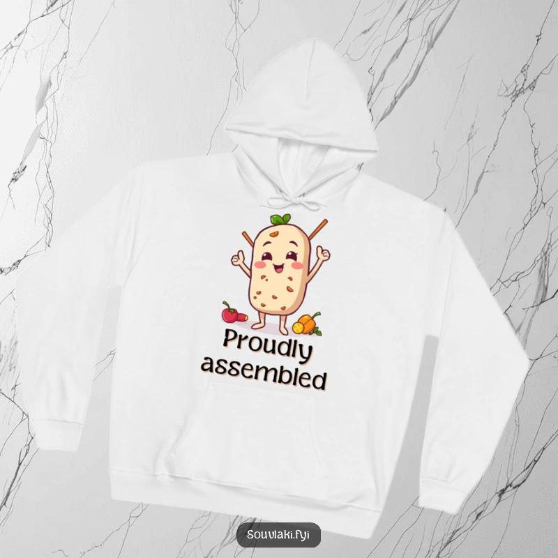 Funny Hoodie: Souvlaki character doing a funny, proud pose with its ingredients, a cozy and humorous expression of culinary pride.