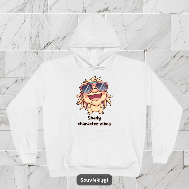 Funny Hoodie: Souvlaki character with sunglasses and smile, comically enjoying bright sunshine vibes.