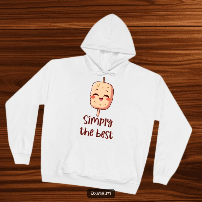 Funny hoodie of a souvlaki skewer character with closed eyes, exuding pure pride and happiness.