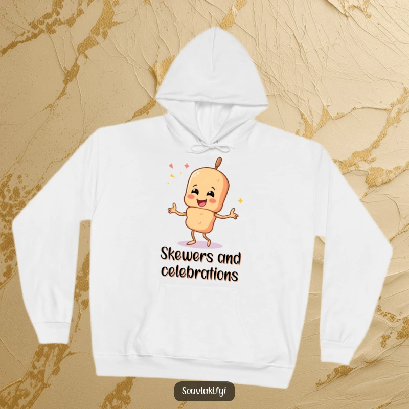 Funny souvlaki skewer character dancing merrily, offering warmth and humor in a cozy hoodie.