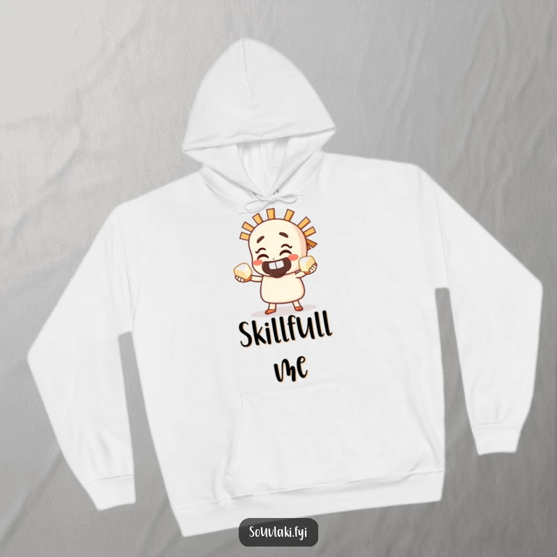 Funny Hoodie featuring a grinning souvlaki character expertly juggling small feta cubes, a display of culinary skill.
