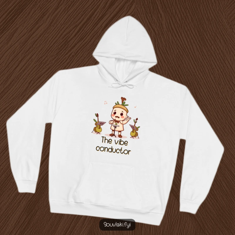 Funny hoodie of a souvlaki character leading a tiny orchestra composed of olives playing small instruments.