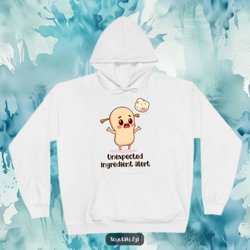 Funny Hoodie: Souvlaki character comically surprised, mid-reaction to a flying feta cube.