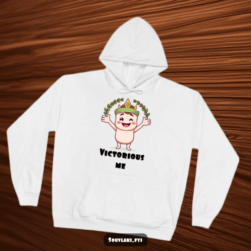 Funny hoodie depicting a smiling souvlaki skewer character with arms wide, embracing a laurel wreath.