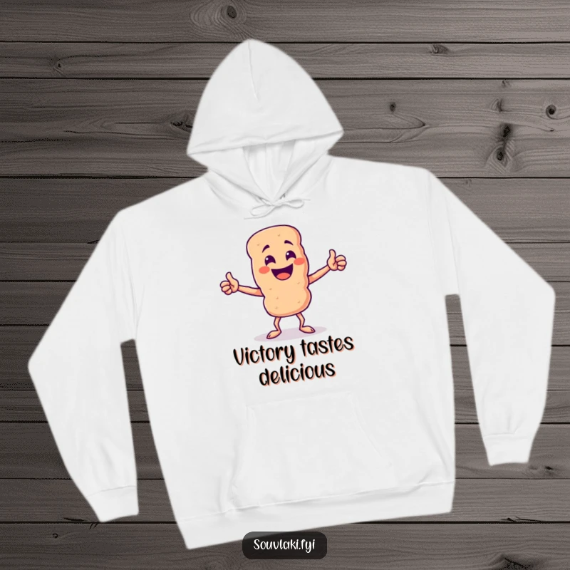 Funny Souvlaki Skewer Champion Hoodie: A jubilant souvlaki skewer strikes a proud, triumphant pose with a wide grin.