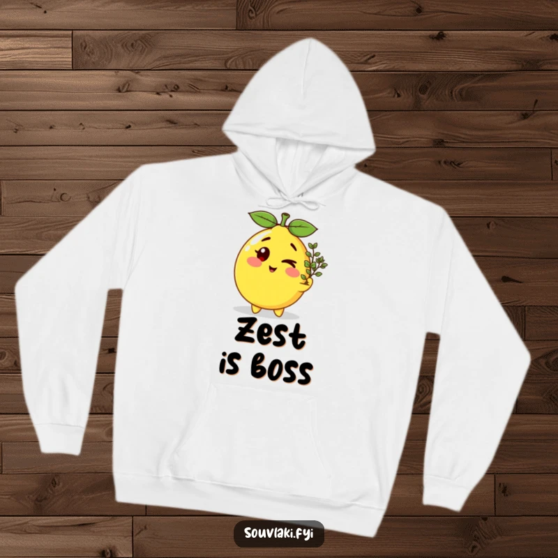 Funny winking lemon character offering oregano, printed on a comfortable, warm hoodie for a humorous look.