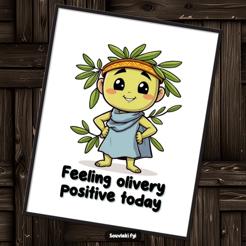 Funny Free Printable Wall Art: Proud Greek olive character confidently striking a pose, adding humor to any room.