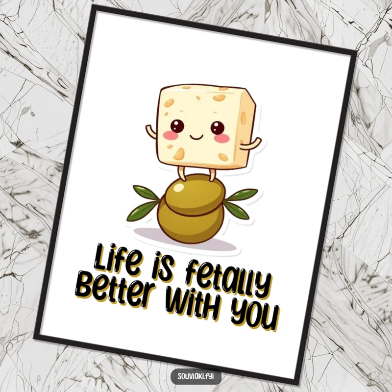 Funny Free Printable Wall Art: Cheerful feta cheese cube balancing on an olive, bringing quirky food humor home.