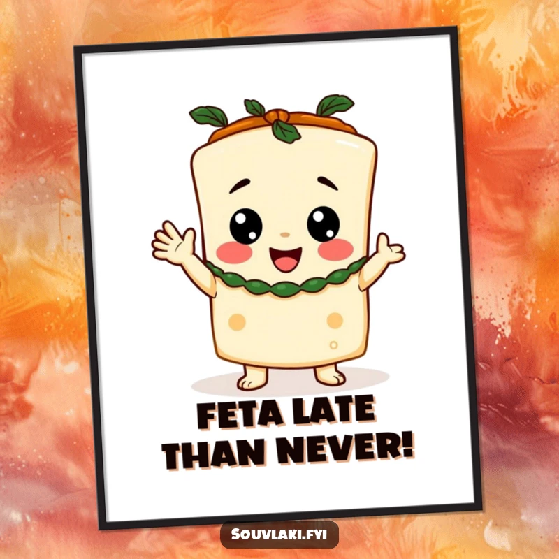 Funny Free Printable wall art of a happy feta cheese character in a little toga, enthusiastically giving a celebratory cheer.