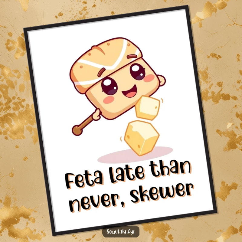 Funny Free Printable Wall Art: Giggling souvlaki skewer with wide eyes playfully evading feta.