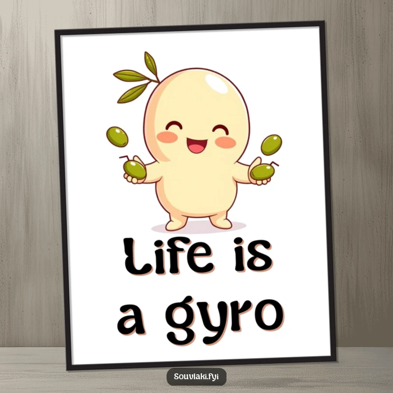 Funny Free Printable Wall Art: A smiling gyro character masterfully juggling tiny olives with a delighted expression.