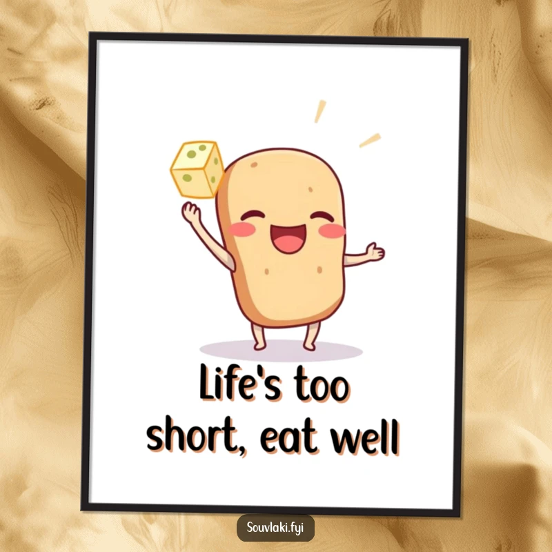 Funny Free Printable Wall Art: A happy souvlaki character playfully tossing a small feta cube, a culinary delight.