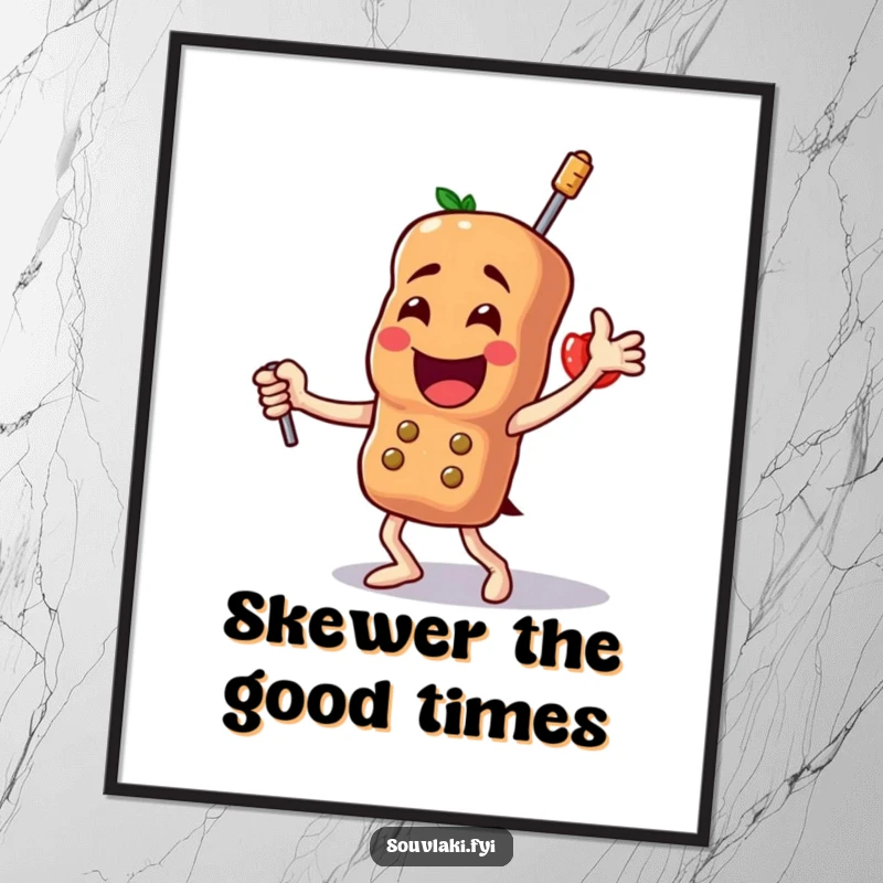Funny Free Printable Wall Art: A proud souvlaki skewer character doing an energetic and triumphant dance pose.