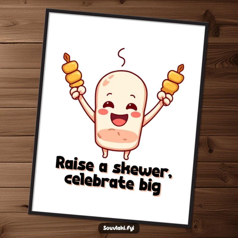 Funny Free Printable Wall Art: Joyous souvlaki skewer cheering loudly, arms triumphantly raised.