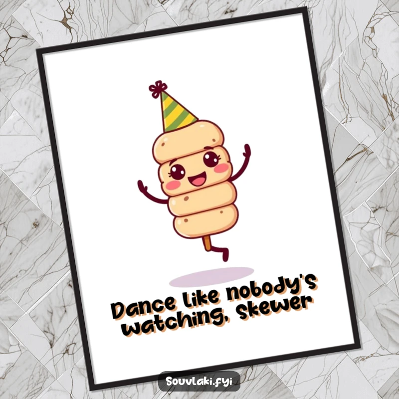Funny Free Printable Wall Art: Jovial souvlaki skewer in a party hat, dancing with glee.