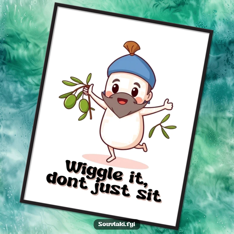 Funny Free Printable Wall Art: A souvlaki character does a whimsical dance, spinning an olive branch with infectious glee.