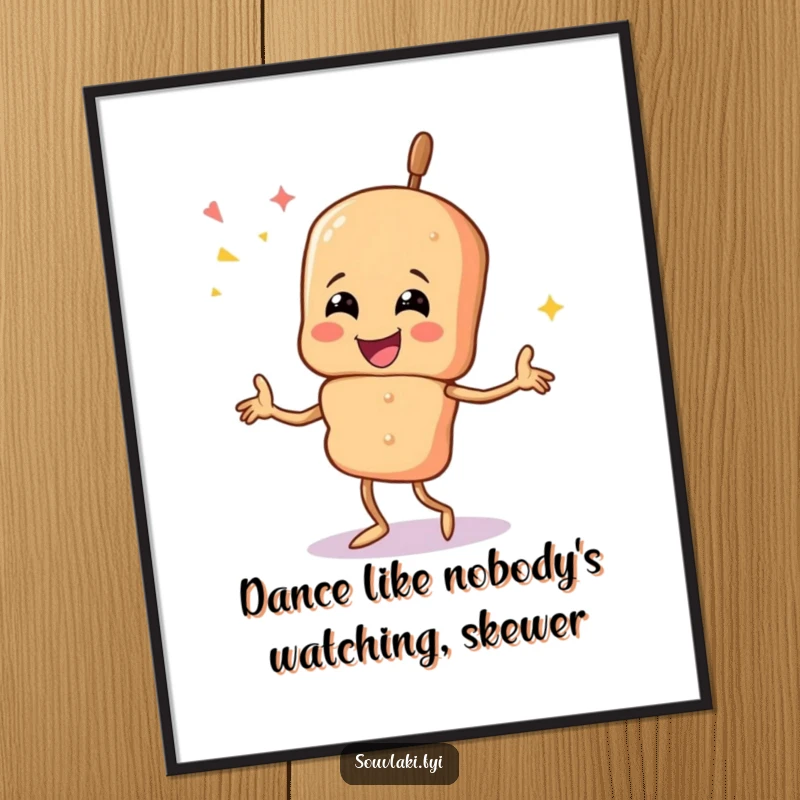 Funny Free Printable Wall Art: A smiling souvlaki skewer character dances energetically, bringing joy to any room.