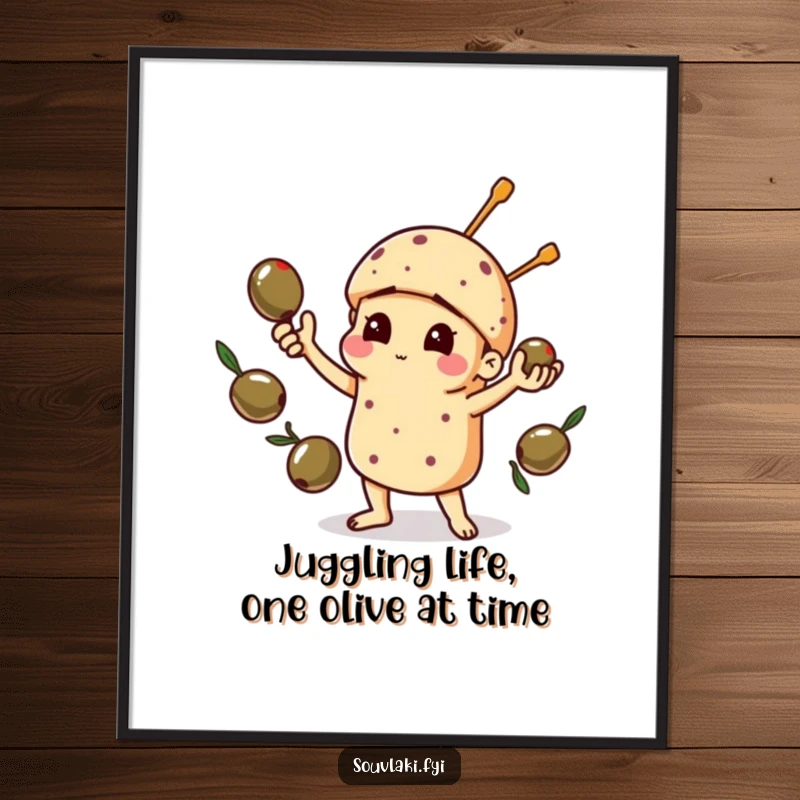 Funny free printable wall art: a souvlaki comically juggles a pile of olives, creating a humorous and eye-catching piece.