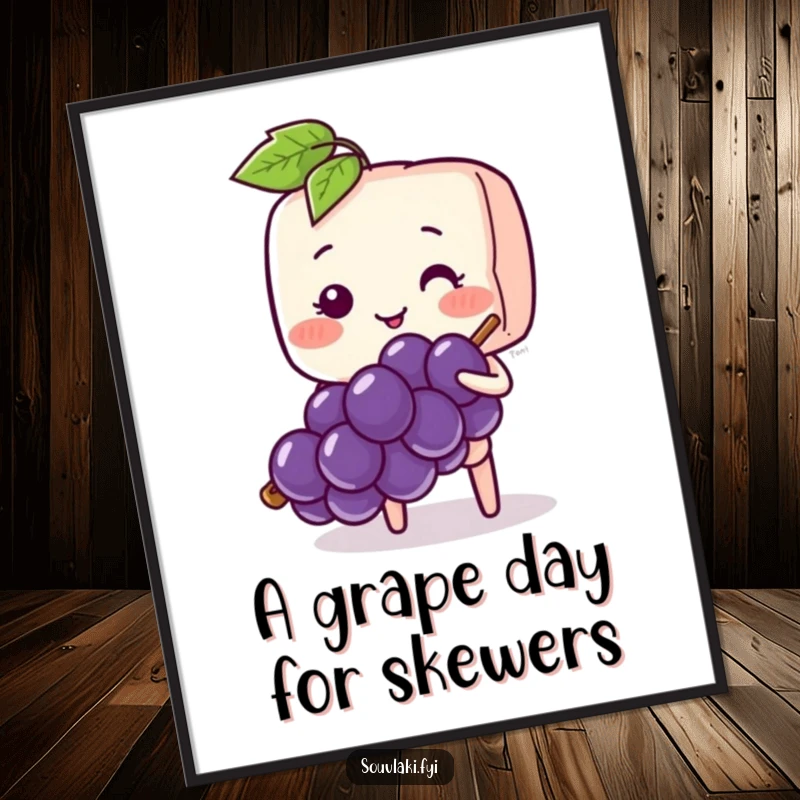 Funny Free Printable Wall Art: Shy souvlaki skewer blushing and offering a single grape.