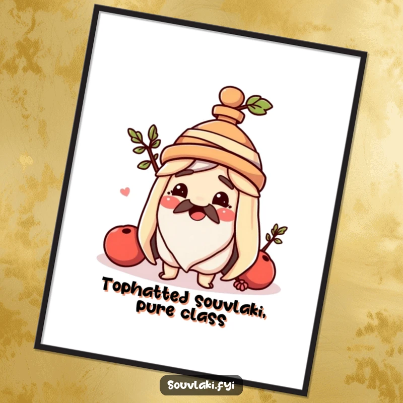 Funny Free Printable Wall Art: A happy souvlaki wears a miniature amphora as a hat, adding whimsical charm to your space.