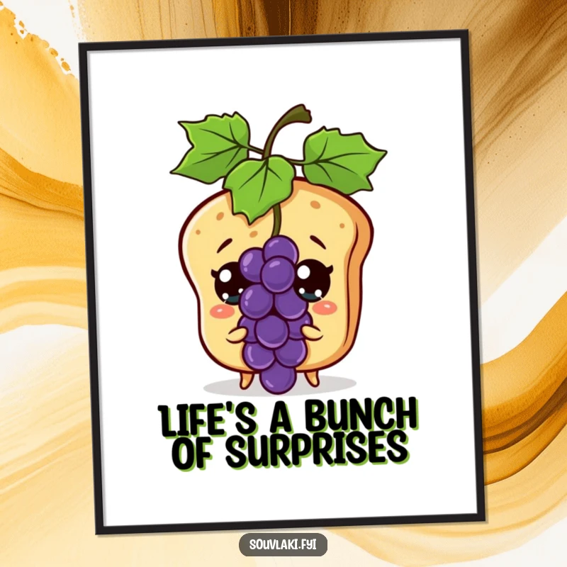 Funny free printable wall art of a surprised pita bread character with wide eyes reacting to a flying grape, a moment of pure, hilarious shock.