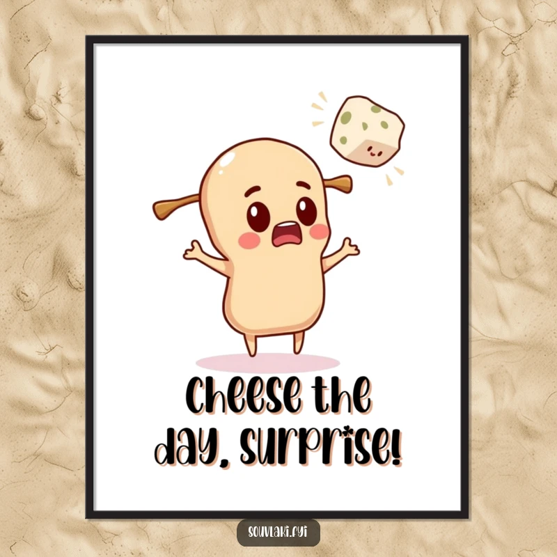 Funny Free Printable Wall Art: A souvlaki character has a comically surprised expression as a feta cube flies through the air.