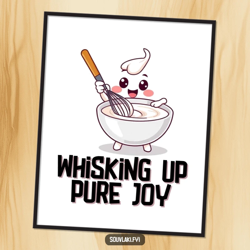 Funny free printable wall art of a delighted whisk character joyfully stirring a bowl of creamy tzatziki, a celebration of delicious creations.