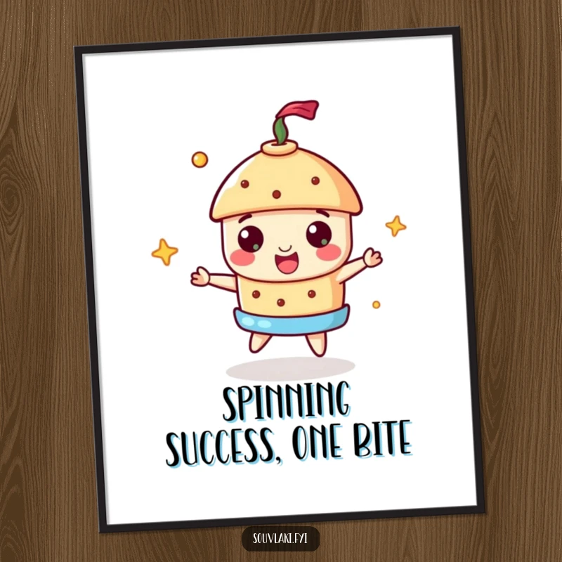 Funny Free Printable Wall Art: Cheerful souvlaki character expertly spinning a miniature gyros, showcasing culinary talent.