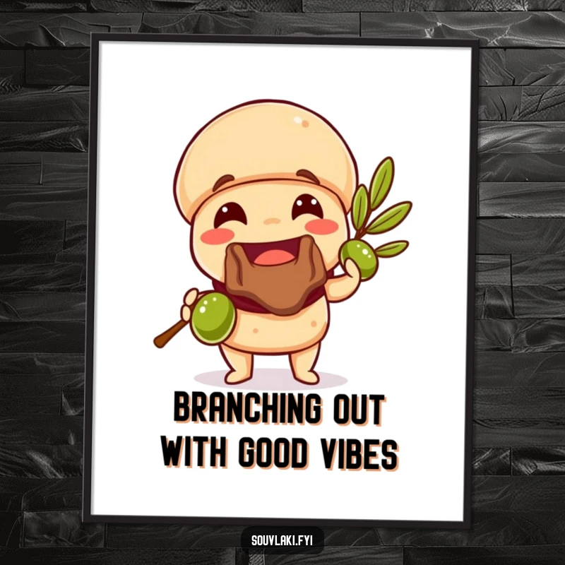 Funny Free Printable Wall Art: Charming souvlaki character holding out a juicy olive branch, conveying peace and humor.