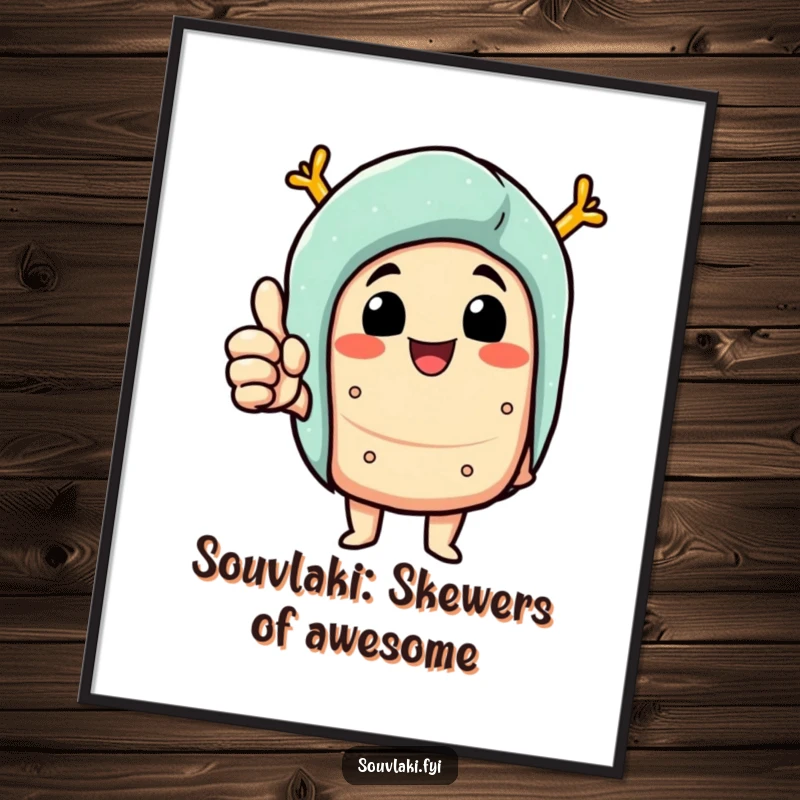 Funny free printable wall art: A souvlaki character delightedly giving a thumbs up, radiating delicious satisfaction and humor.
