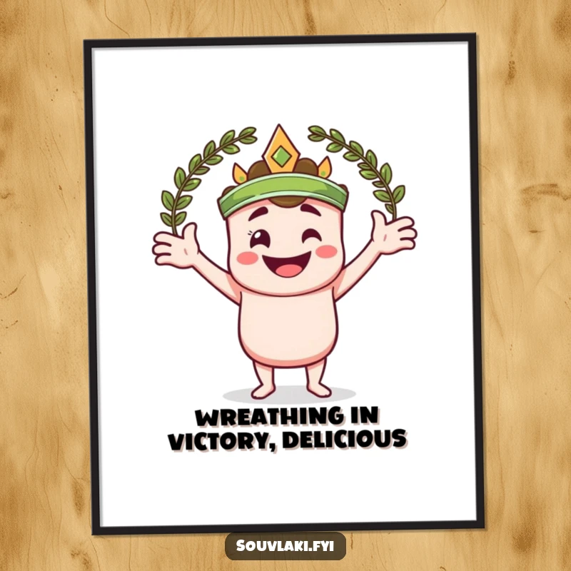 Funny Free Printable Wall Art: a smiling souvlaki skewer character embracing a laurel wreath with open, triumphant arms.