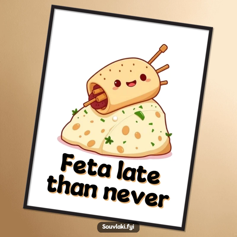 Funny free printable wall art of a giddy souvlaki happily sliding down a hill made of feta cheese.