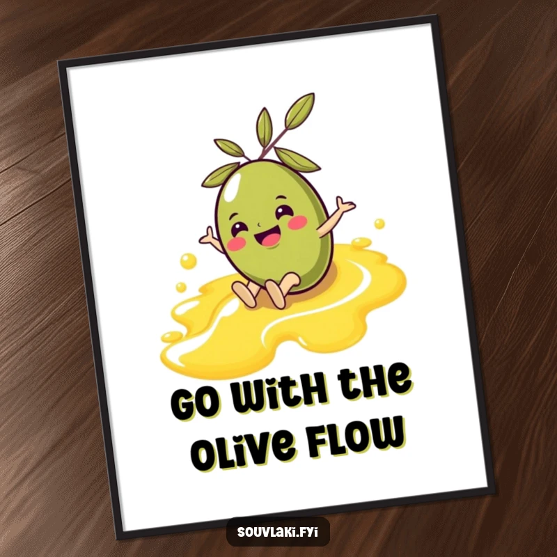 Funny Free Printable Wall Art: A cheerful olive character gleefully sliding down a glistening stream of olive oil.