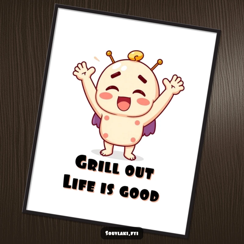 Funny free printable wall art of a cheerful souvlaki character with arms up in pure joy, exclaiming with happiness and fun.