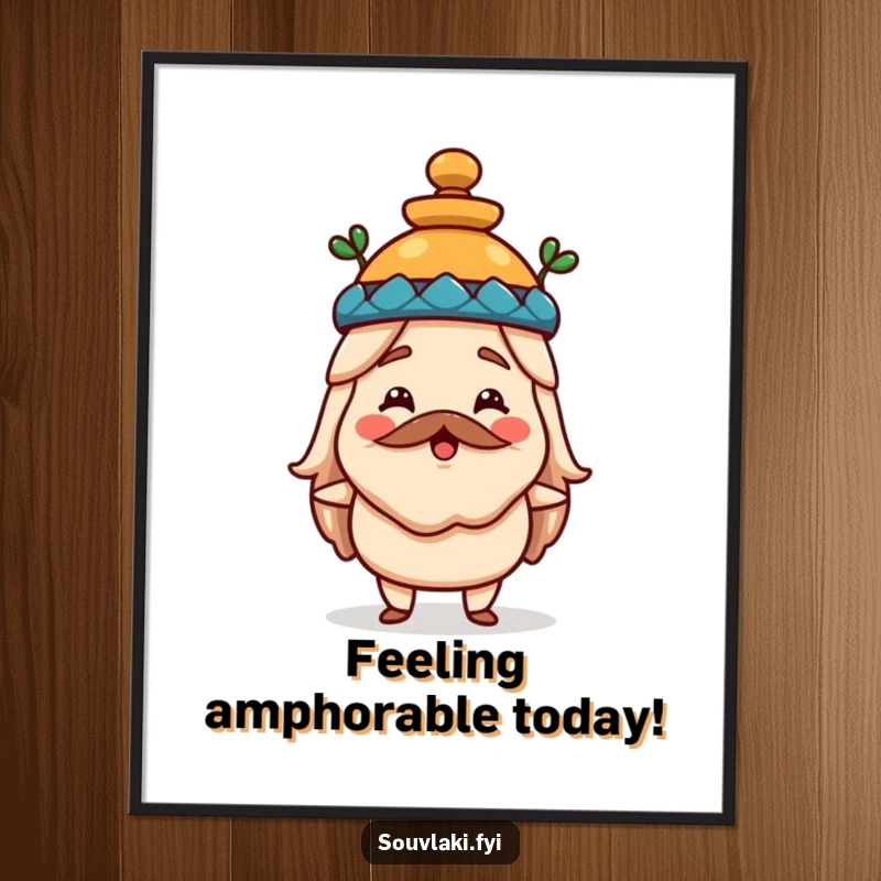 Funny free printable wall art of a happy souvlaki proudly wearing a miniature amphora as a quirky hat.