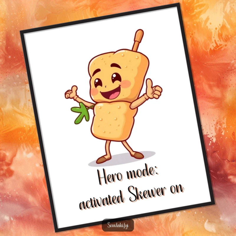 Funny Free Printable Wall Art: Heroic Souvlaki Skewer Character in a Mighty, Inspiring Pose