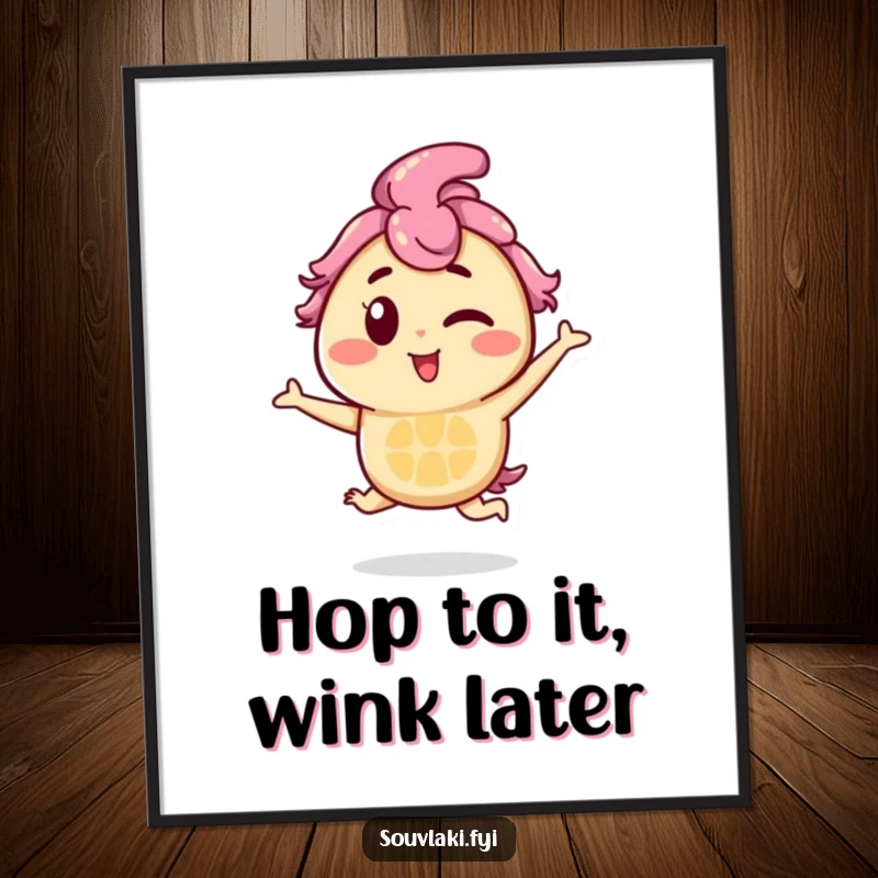 Funny Free Printable wall art: a souvlaki character winking playfully while doing a fun hop, adding cheer.