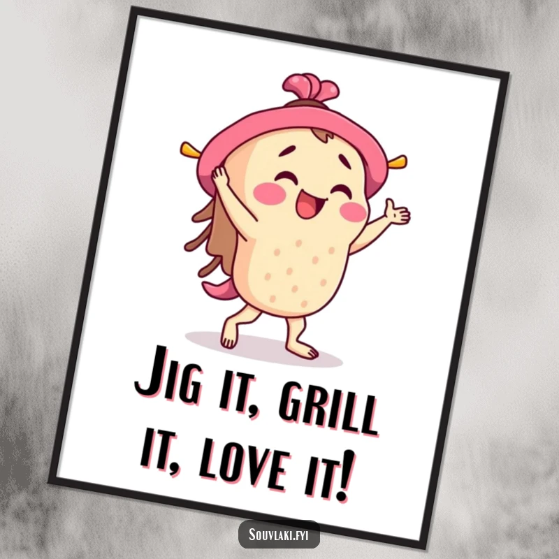 Funny Free Printable wall art: a souvlaki character enthusiastically doing a happy little jig, radiating pure joy.