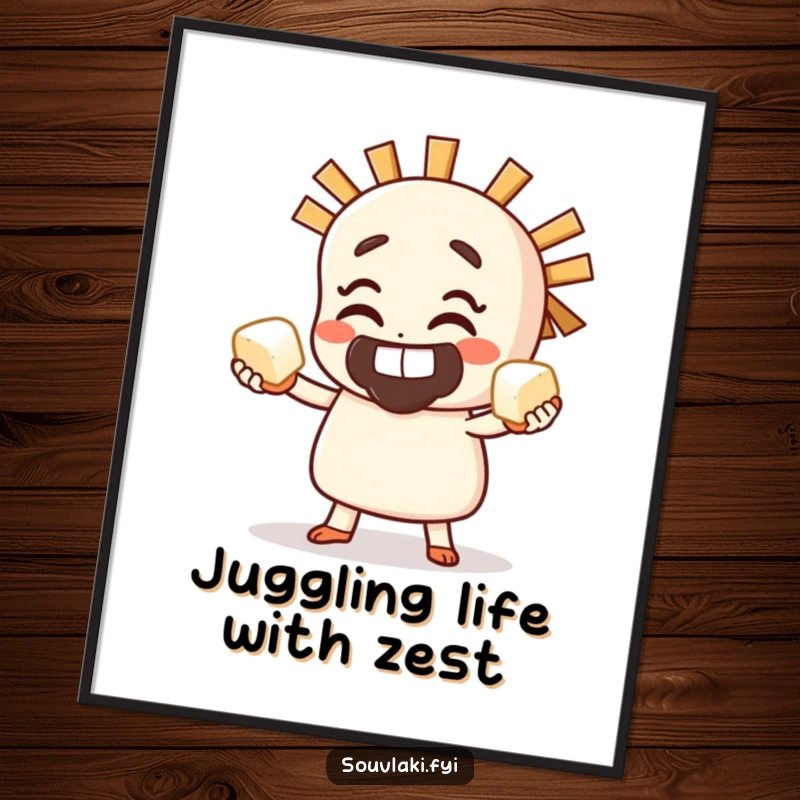 Funny Free Printable wall art of a grinning souvlaki character skillfully juggling several small cubes of feta cheese.