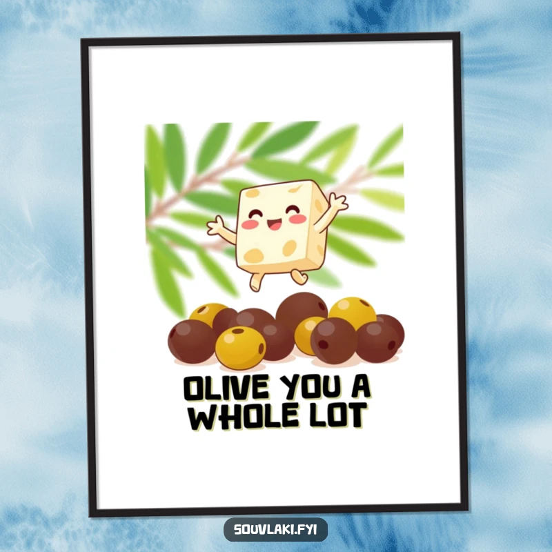 Funny free printable wall art depicting a happy feta cheese cube joyfully leaping over a pile of olives.
