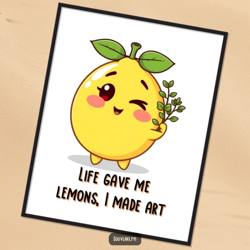 Funny free printable wall art of a winking lemon character playfully offering a sprig of oregano, designed to bring smiles and quirky charm.