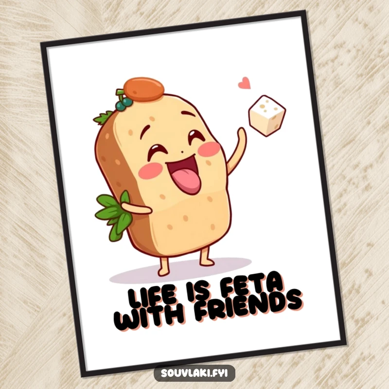 Funny Free Printable Wall Art: A souvlaki character gleefully tossing a tiny feta cube, adding playful charm to decor.