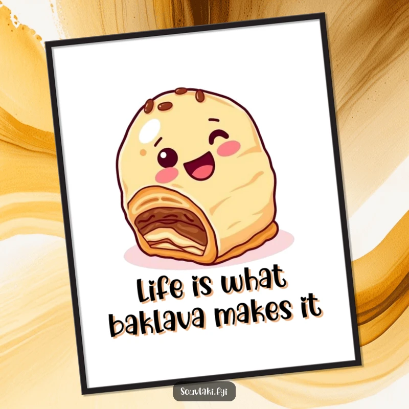 Funny Free Printable Wall Art: Happy baklava character with nutty layers comically attempts to roll downhill.