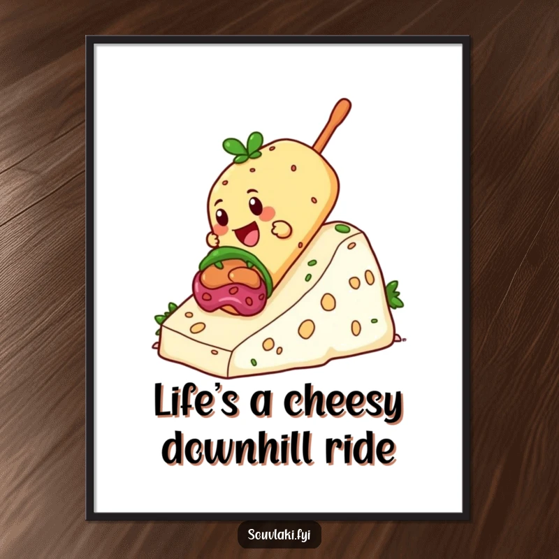 Funny Free Printable Wall Art: Giddy souvlaki character having an absolute blast sliding down a comical hill of feta cheese.
