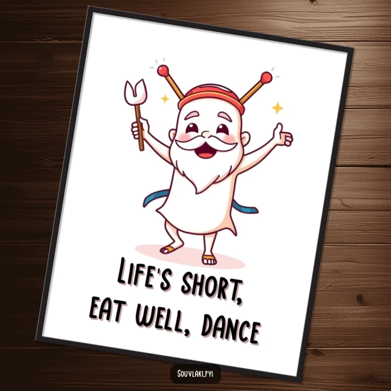 Funny Free Printable Wall Art: A proud souvlaki dances the sirtaki with gusto, vibrant downloadable art.