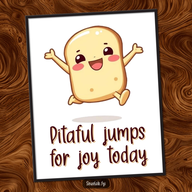 Funny Free Printable Wall Art: Smiling pita bread character leaping joyfully, spreading happiness and good cheer.