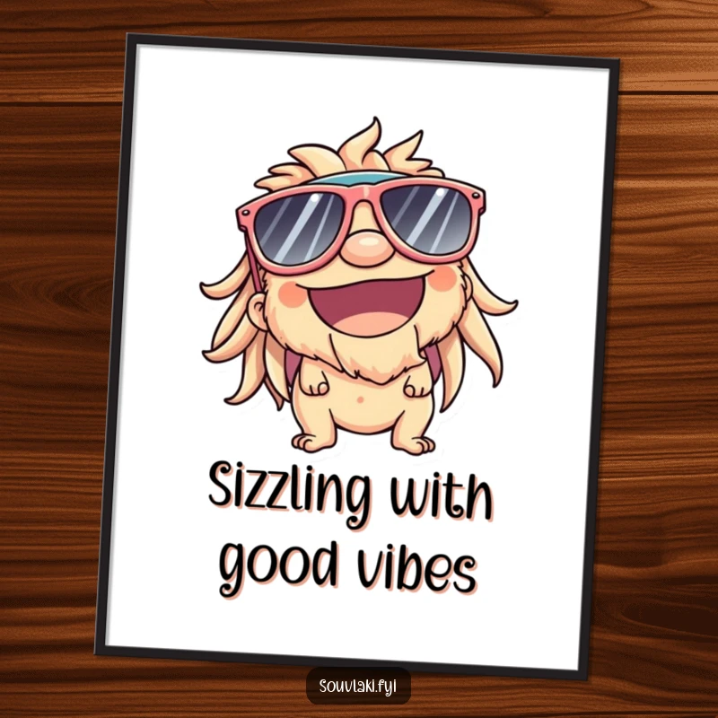 Funny Free Printable Wall Art: A souvlaki character wearing oversized sunglasses smiles broadly, enjoying the warm sunshine.