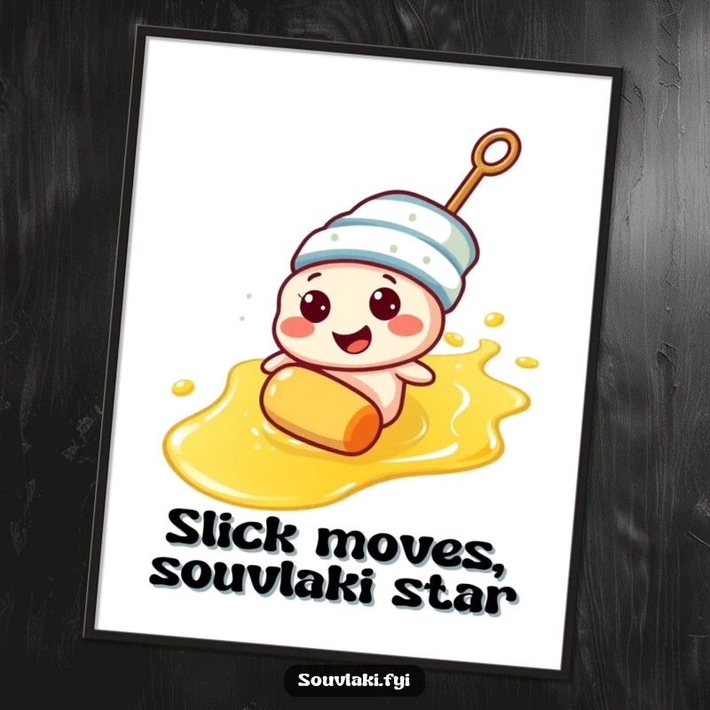 Funny Free Printable Wall Art: A happy souvlaki skewer character making a fast slide down a slick of olive oil.